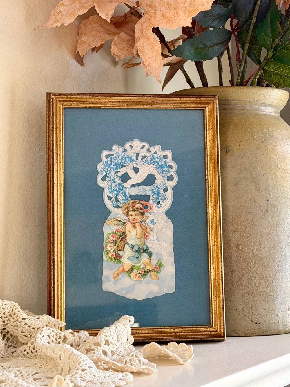 Framed Vintage Cherub Artwork - Blue Background